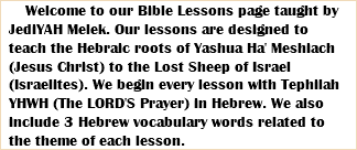 Welcome to our Bible Lessons page taught by JediYAH Melek. Our lessons are designed to teach the Hebraic roots of Yashua Ha' Meshiach (Jesus Christ) to the Lost Sheep of Israel (Israelites). We begin every lesson with Tephilah YHWH (The LORD'S Prayer) in Hebrew. We also include 3 Hebrew vocabulary words related to the theme of each lesson. 